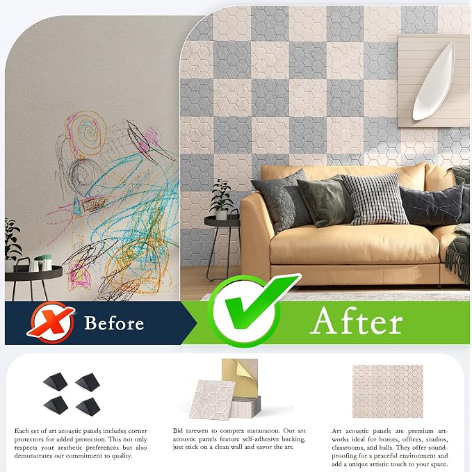 12Pack Acoustic Wall Panels, Honeycomb Self-Adhesive Sound Proof Foam Panels - Image 6
