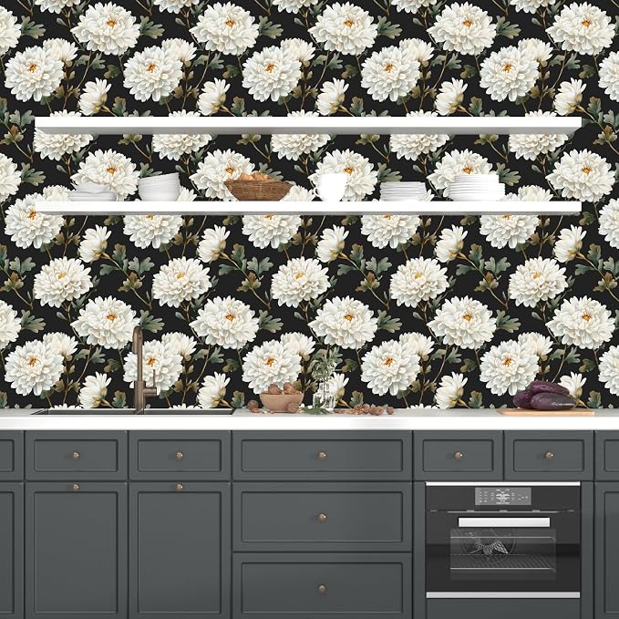 Laatse Black White Floral Peel and Stick Wallpaper Chrysanthemum Contact Paper - Image 2