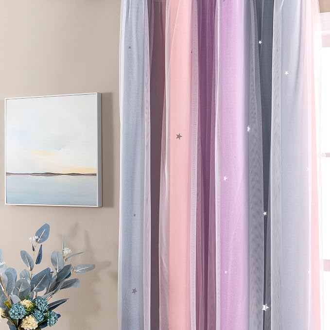 XiDi Curtains for Bedroom Decor, Rainbow GreyPinkPu-52-54 - Image 2