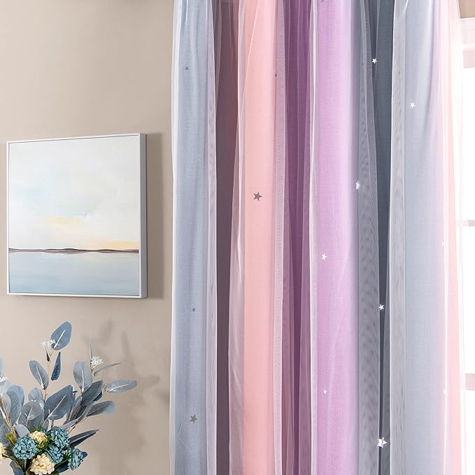 XiDi Curtains for Bedroom Decor, Rainbow GreyPinkPu-52-45 - Image 2