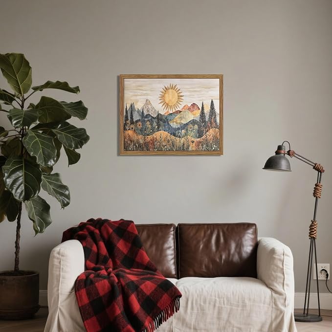Framed Boho Sun Canvas Wall Art, Modern Abstract Mountain Landscape Painting - Image 6