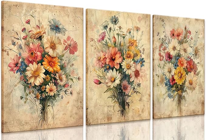 KISSFOX Framed Colorful Wildflower Canvas Wall Art Set Of 3 Flowers Pictures by KISSFOX