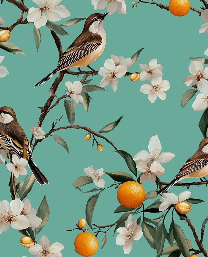 Teal White Bird Floral Wallpaper Peel and Stick, Fresh Orange Tree Contact Paper by Laatse