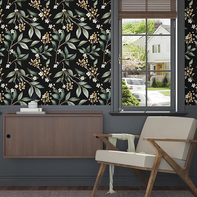 Black Green Floral Peel and Stick Wallpaper, 17.5" x 197" Vintage Dark Green - Image 3