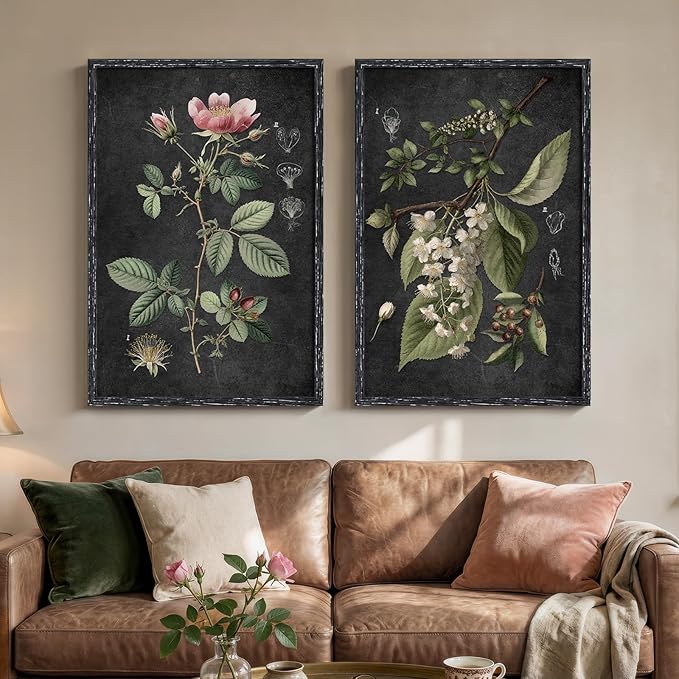 Large Framed Vintage Botanical Wall Art Set of 2, Rustic Retro Dark Floral by Cuspin