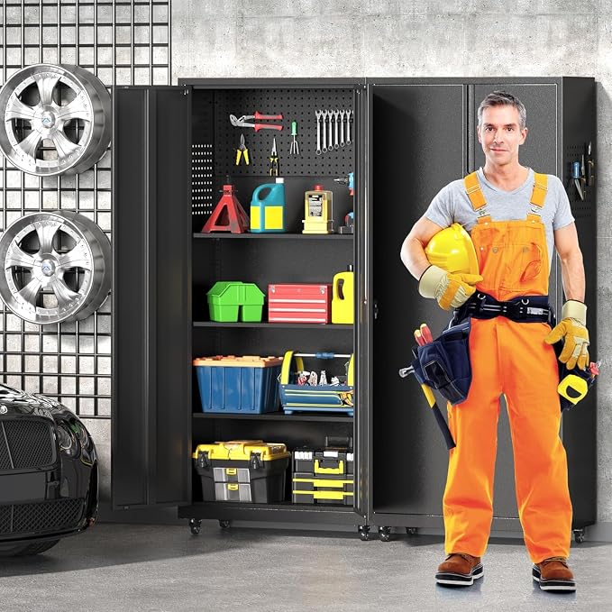 Garage Storage Cabinet with Wheels, Metal Storage Cabinet with 2 Doors and - Image 9