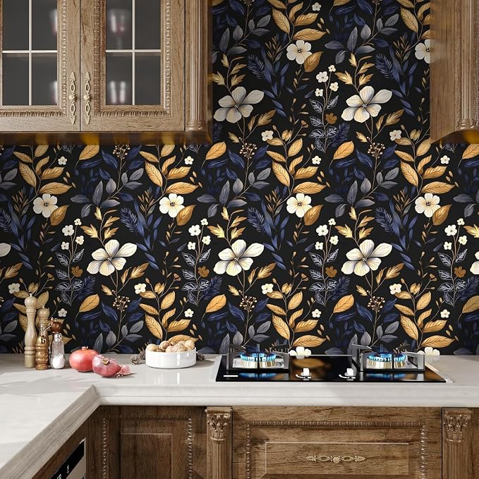 Laatse Vintage Dark Floral Wallpaper Peel and Stick Blue/Gold Leaf Wallpaper - Image 5