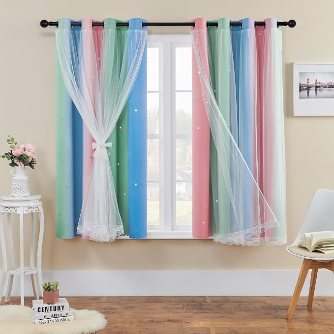 XiDi Curtains for Bedroom Decor, Rainbow Pink GreenBlue52/54/1 by Addsomecolortolife
