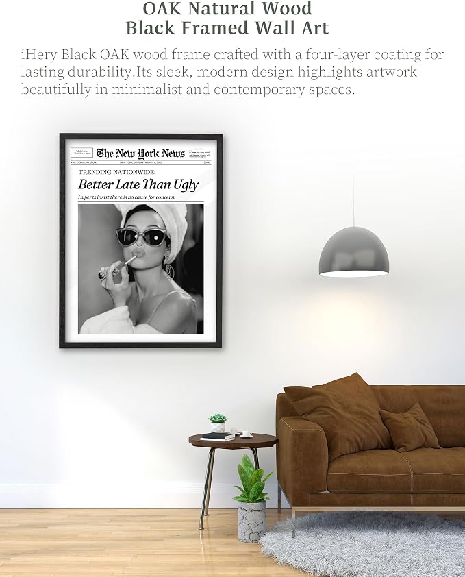 iHery Premium Natural Black OAK Wood 16x20in Audrey Hepburn Trendy Framed Wall - Image 2