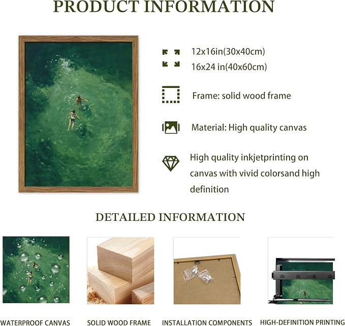 Framed Green Abstract Wall Art, Vintage Summer Swimming Canvas Wall Decor - Image 4