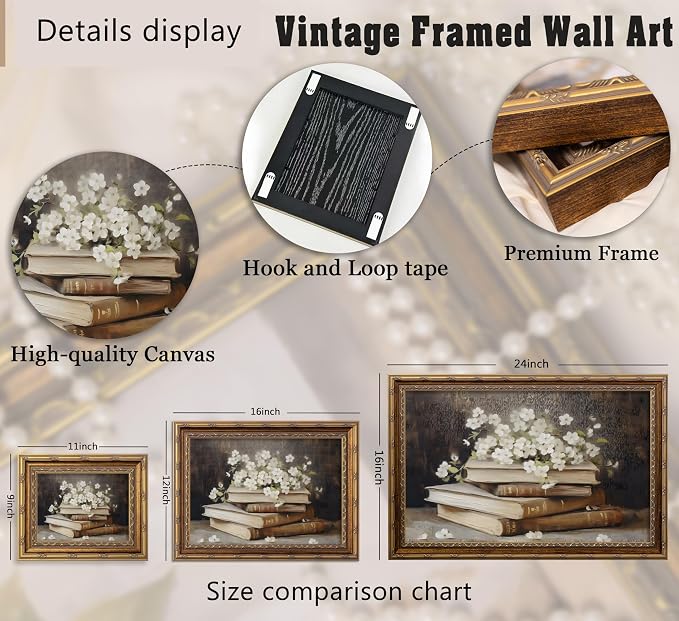 Vintage Gold Framed Wall Art Retro Moody Books and Flowers Oil Painting Canvas - Image 3