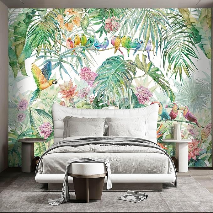 Tropical Green Botanical Flower Birds Leaf Wallpaper Bedroom Plant Floral Mural - Image 2