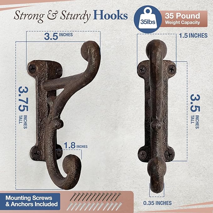 Rustic Cast Iron Coat Hooks Rustic Dark Brown, Wall Mounted, Farmhouse - Image 3