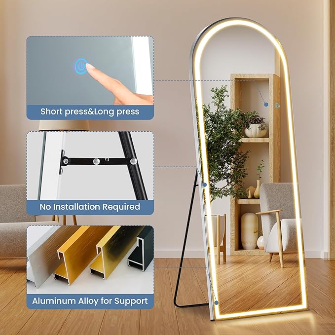 DUMOS Arched LED Full Length Floor Mirror, 3 Color Lighting, Hanging or Leaning - Image 4