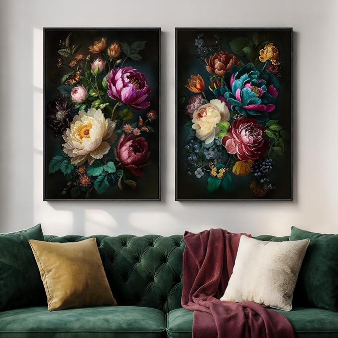 Large Framed Vintage Floral Wall Art Set of 2, Colorful Rustic Farmhouse by Cuspin