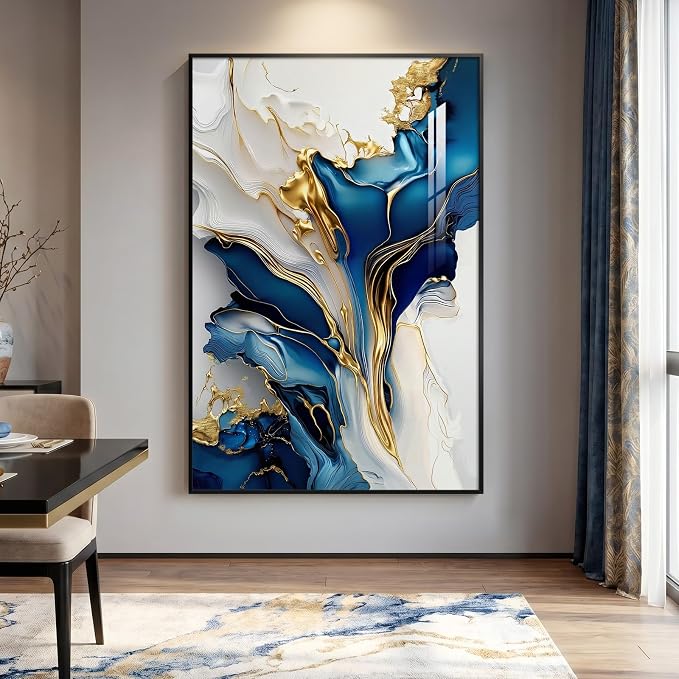 Extra Large Black Framed Gold and Blue Abstract Wall Art - Image 2