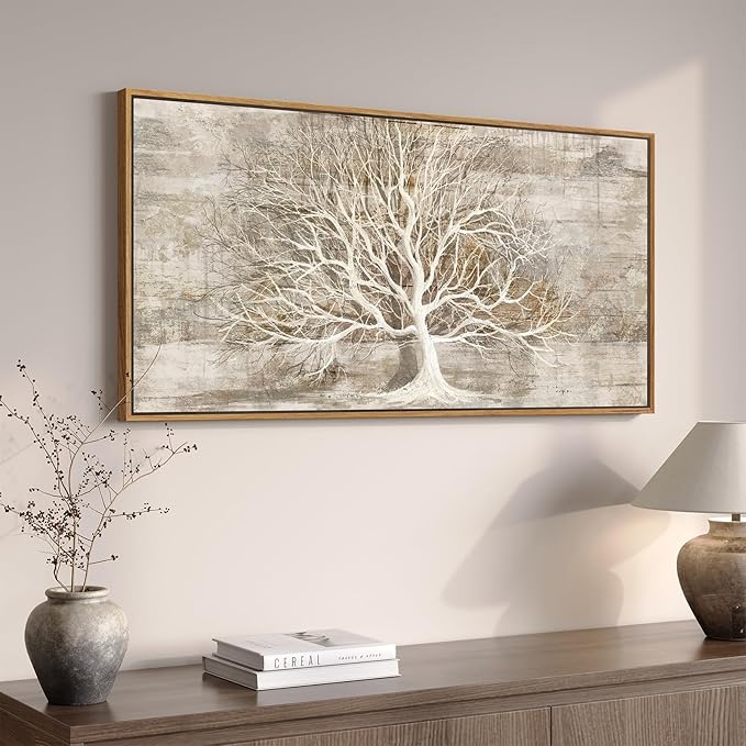 Framed Vintage Tree of Life Wall Art, Neutral Rustic Farmhouse Tree Canvas by Cuspin