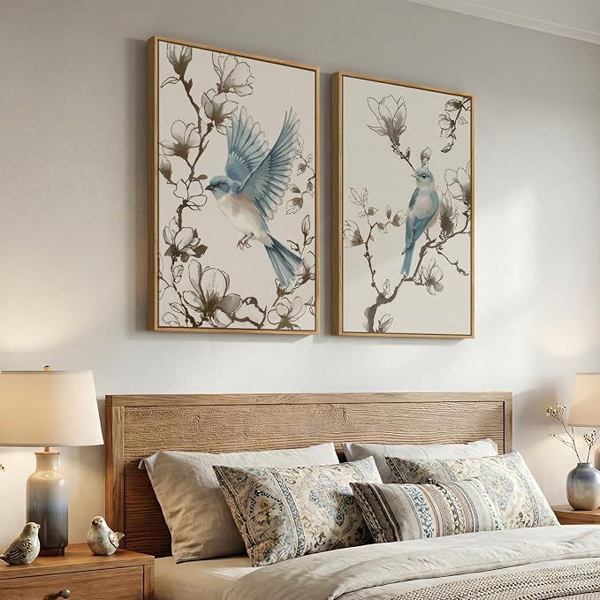 Framed Vintage Botanical Bird Wall Art, 2 Piece Neutral Minimalist Floral - Image 2