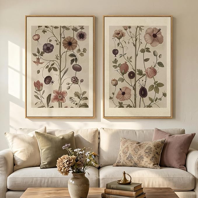 Large Framed Vintage Botanical Wall Art Set of 2, Neutral Antique Floral Canvas by Cuspin