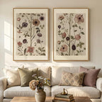 Large Framed Vintage Botanical Wall Art Set of 2, Neutral Antique Floral Canvas by Cuspin