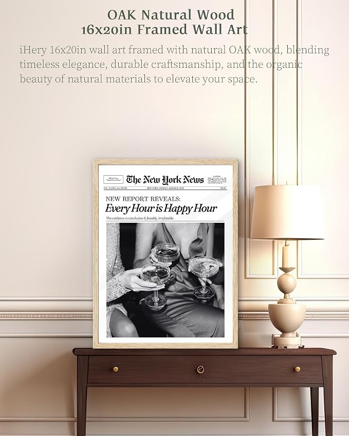 iHery Every Hour is Happy Hour Framed Trendy NewsPaper Wall Art, Natural OAK - Image 8