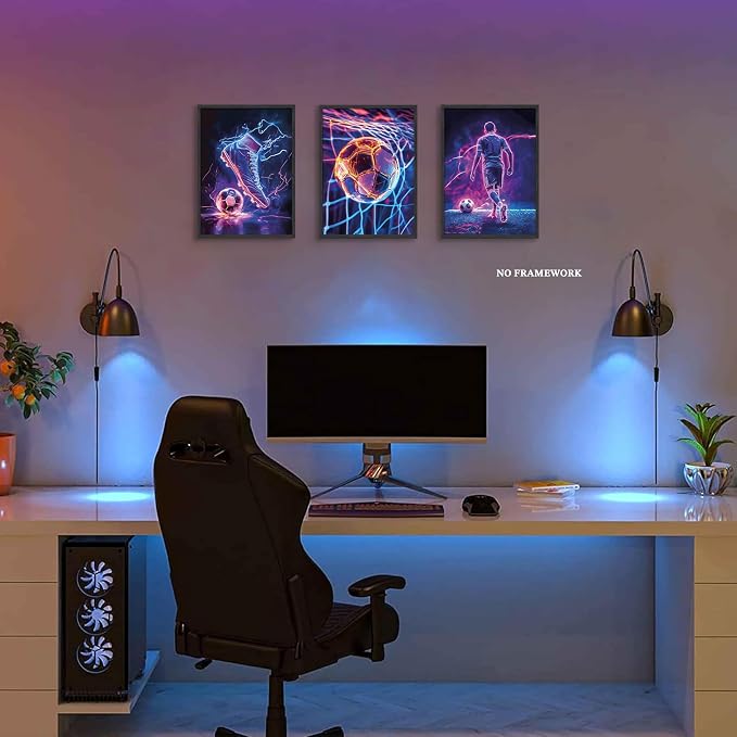 BGFCE Cool Soccer Gaming Wall Art Posters Set of 3, Neon Video Gamer Canvas - Image 2