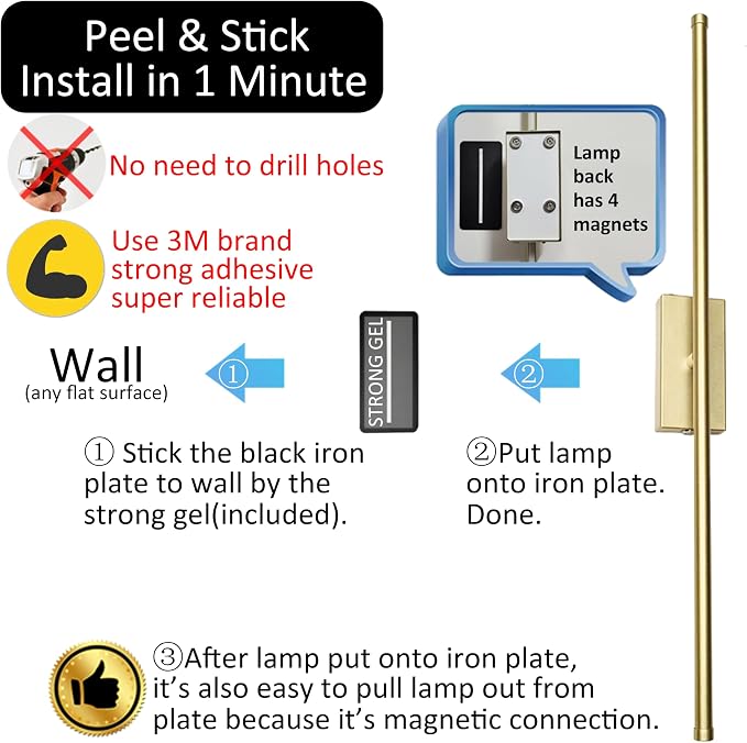 Set of 2 Battery Powered Linear Tube Rechargeable Gold Wall Sconce, Modern - Image 2