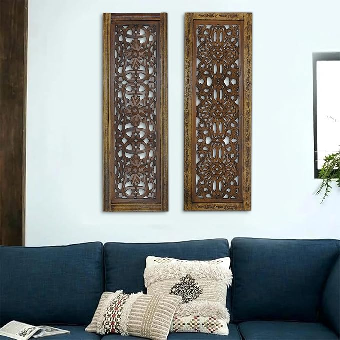 Floral Hand Carved Wooden Wall Panels Set of 2, Rustic Brown Decorative Wall Art - Image 2