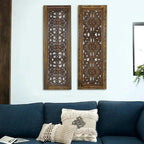 Floral Hand Carved Wooden Wall Panels Set of 2, Rustic Brown Decorative Wall Art - Image 2