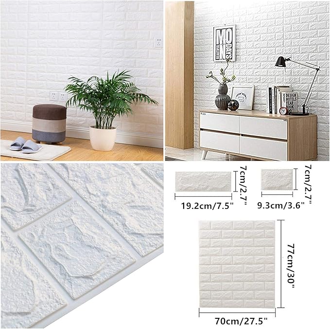 MYOYAY 10 Pcs 3D Wall Panels Peel and Stick 27.5 x 30.3 Inch White Brick - Image 6
