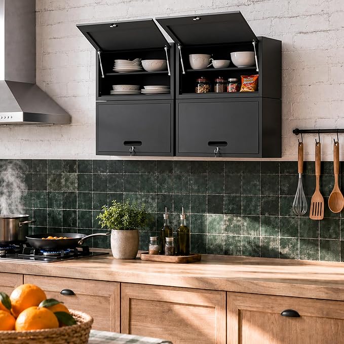 Garage Wall Cabinet with Flip-Up Door and Shelf, Lockable Metal Storage Cabinet - Image 6