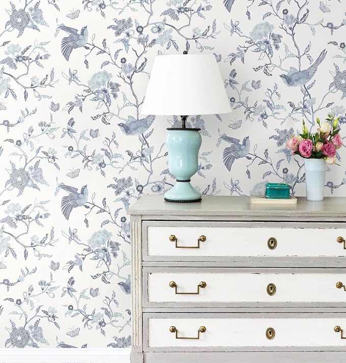 Timeet Peel and Stick Wallpaper Vintage Floral Contact Paper Blue and White - Image 8