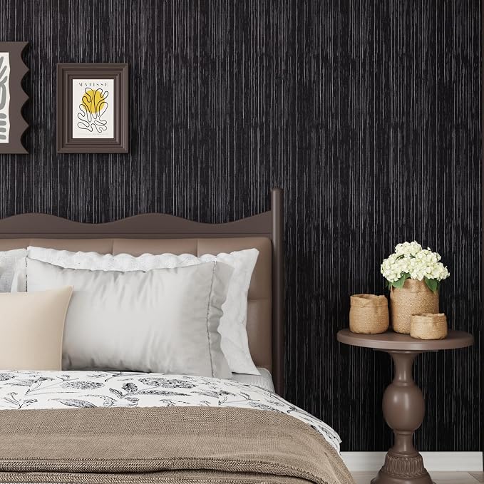CRE8TIVE Black Grasscloth Wallpaper Peel and Stick Textured Black Wallpaper - Image 2