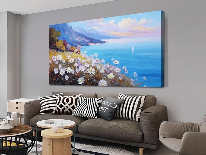 Anolyfi Coastal Landscape Wall Art Nature Flower Mountain Canvas Painting Blue - Image 7