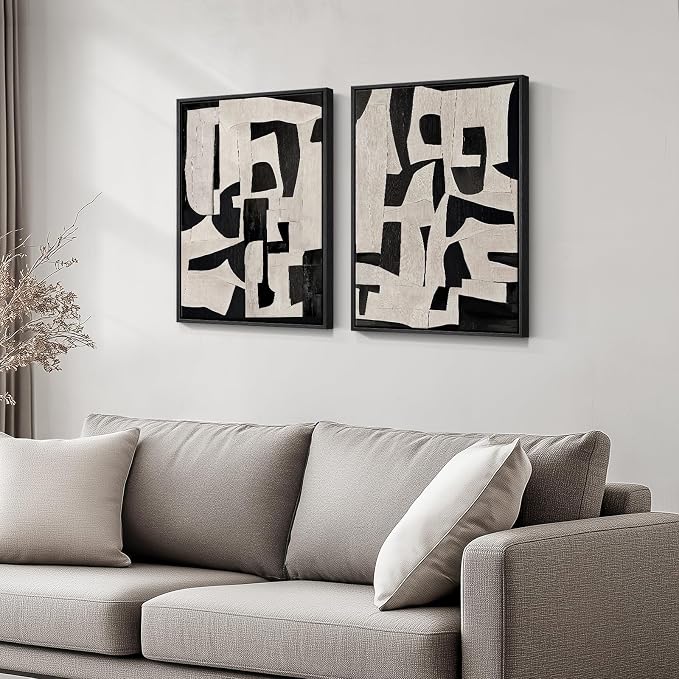 Framed Black and Beige Abstract Wall Art, 2 Piece Canvas Prints Paintings - Image 4