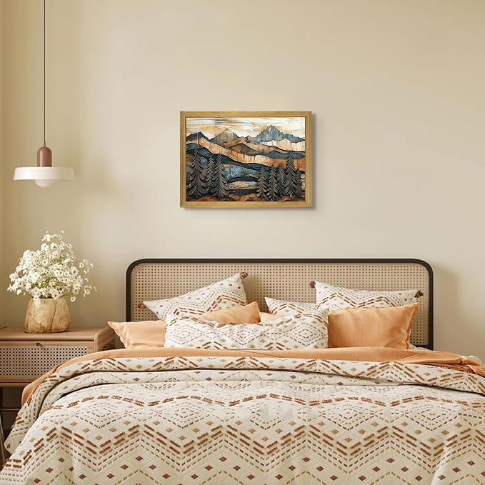 Vintage Boho Mountain Wall Art, Framed Landscape Canvas Wall Art, Nature Forest - Image 9