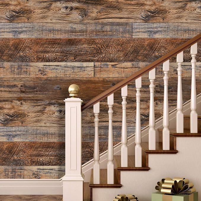 WENMER 23.6" x 394" Brown Wood Peel and Stick Wallpaper Shiplap Self Adhesive - Image 3