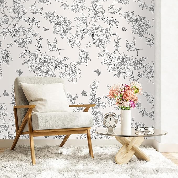 Froluya Black and Cream White Floral Wallpaper Peel and Stick Wallpaper - Image 3