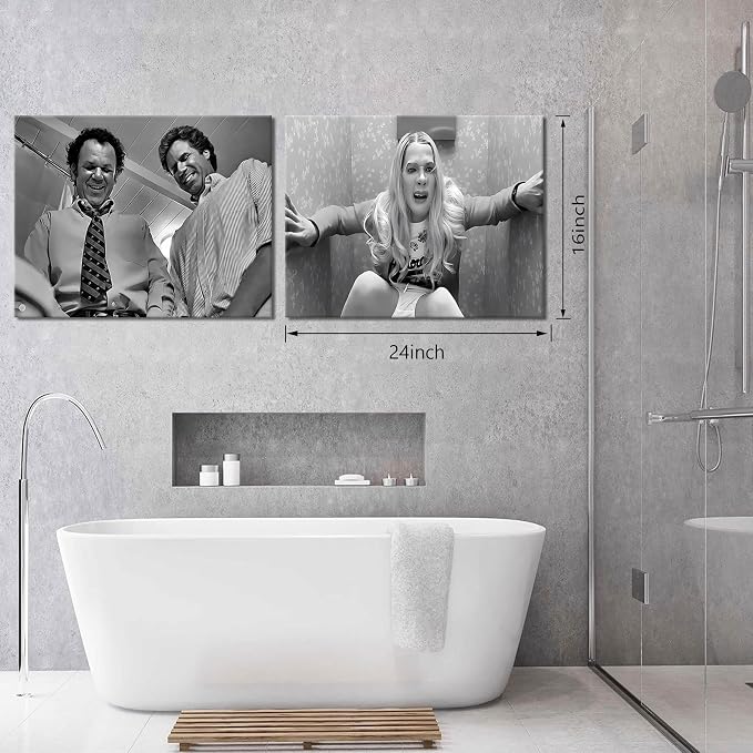 Framed Funny Movie Bathroom Canvas Wall Art Set of 2 – Black and White Vintage - Image 3
