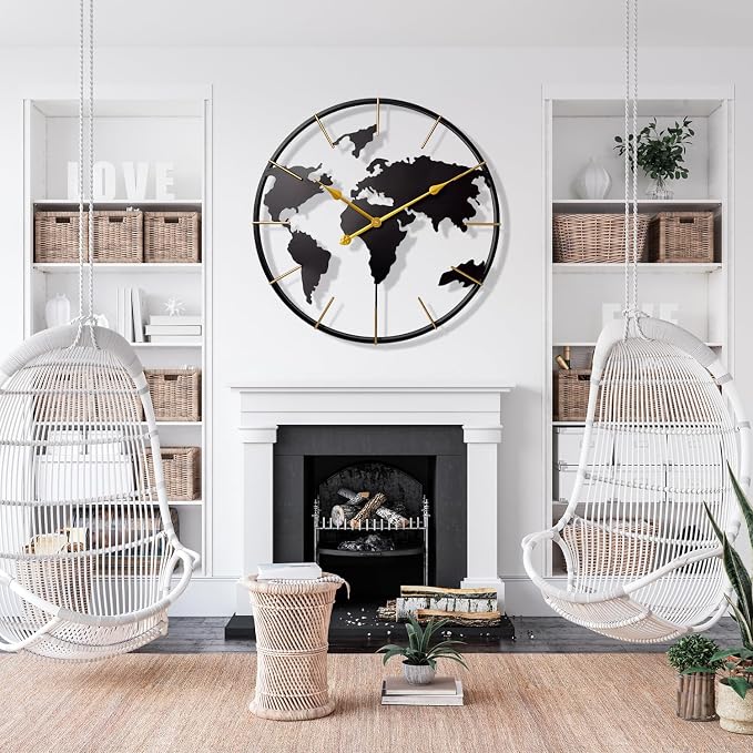 Large World Map Wall Clock, Metal Minimalist Modern Clock, Round Silent - Image 5