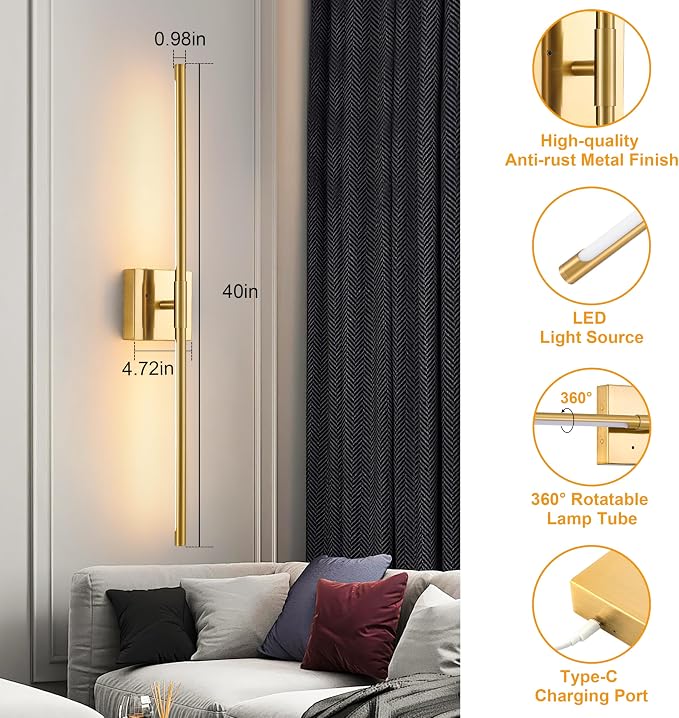Morauroral 40″ Gold Battery Operated Wall Sconces Set of Two, Dimmable Wall - Image 7
