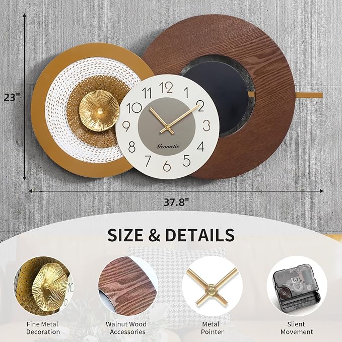 37.8x23 Inch Large Mid-Century Modern Wall Clock, Oversized Wood and Metal - Image 2