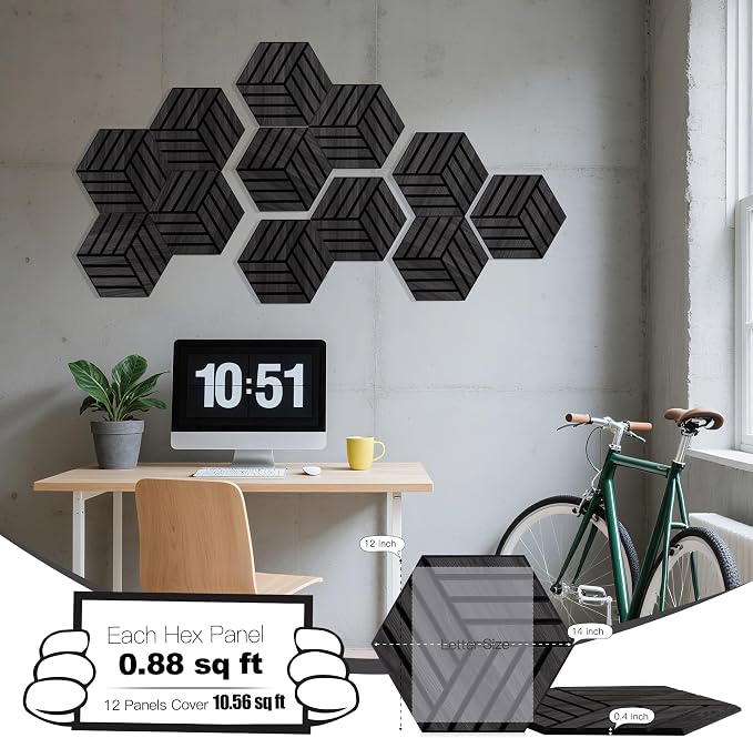 Mollywell Acoustic Panels, PVC Wood-Grain, 14x12 Inch Hexagon Carved Sound - Image 2
