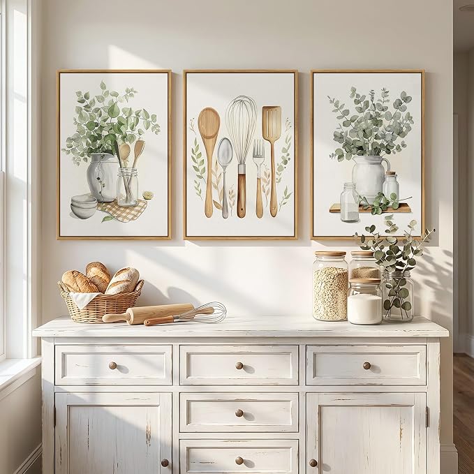 Framed Botanical Wall Art for Kitchen, 3 Piece Modern Farmhouse Sage Green - Image 4