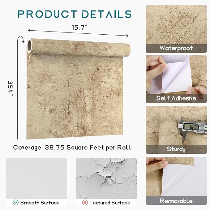 VEELIKE 15.7''x354'' Aged Concrete Wallpaper Textured Tan Concrete Peel and - Image 8