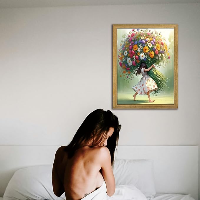 Wood Framed Pink Wildflower Canvas Wall Art, Girl Hugging Flowers Poster Prints - Image 4