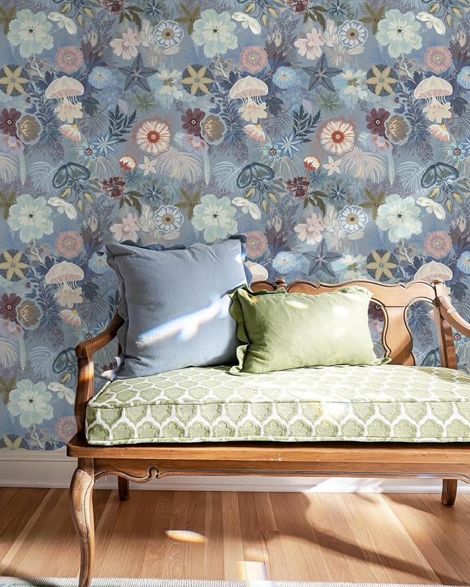 Ismoon Floral Peel and Stick Wallpaper Vintage Blue Contact Paper Jellyfish - Image 4