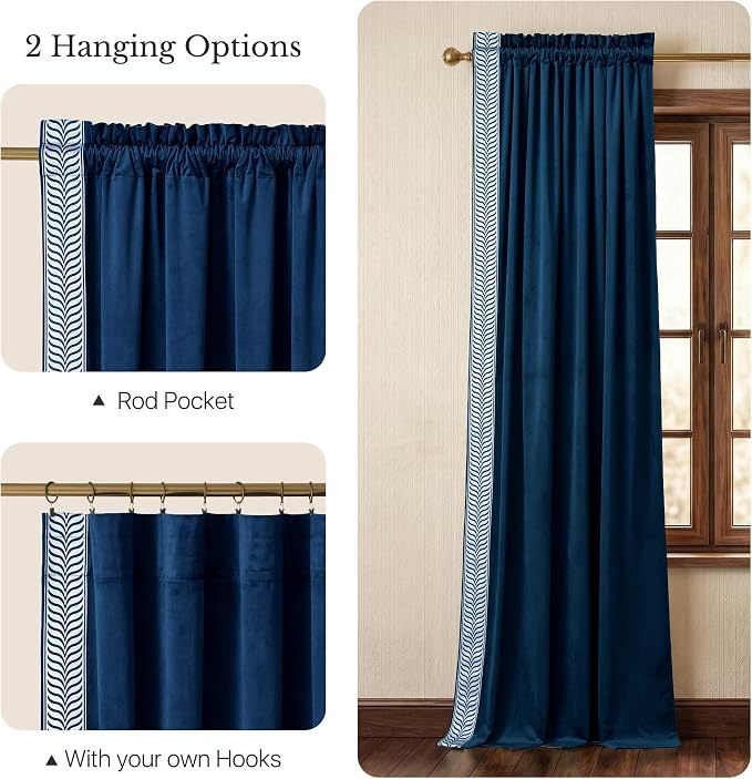 NICETOWN Rod Pocket Embroidered Trim Velvet Curtains, 2 Panels, Velvet Curtains - Image 8