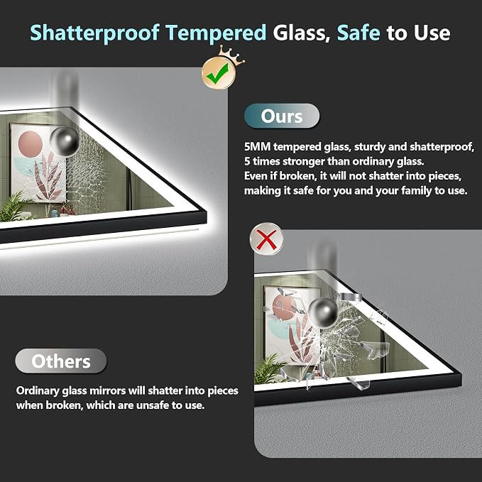 48x40 Black Framed LED Bathroom Mirror - Image 8