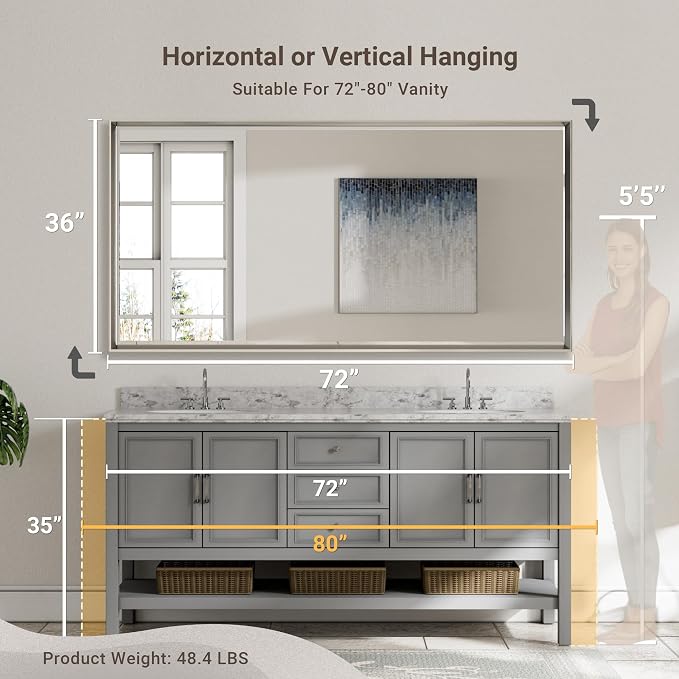 72 x 36 Brushed Nickel Bathroom Mirror, Beveled Framed Rectangle, Shatterproof - Image 2